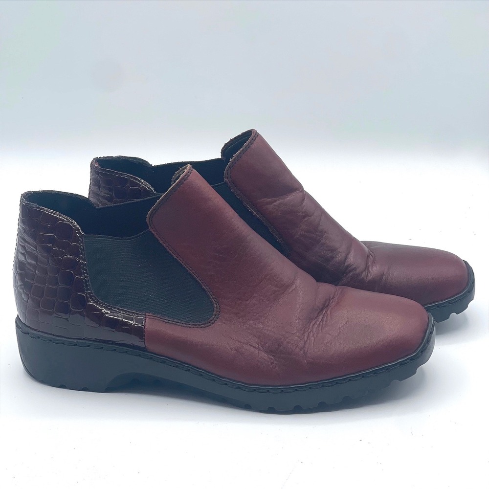 Rieker Ankle Boots Womens 37 Burgundy Red Croc Embossed Leather Chelsea Comfort